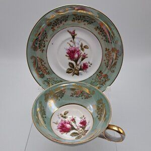 Royal Sealy Floral Rose Design Gold Japan Porcelain Teacup Saucer Set Vintage
